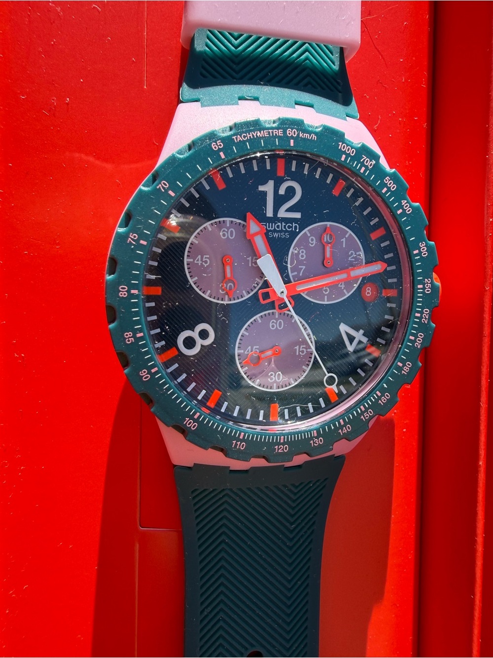 Swatch Green Silicone Strap Watch with Pink Case and Red Dial Accents - Picture 2 of 5